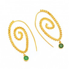 925 Sterling Silver Green Onyx Round Gemstone Gold Plated Designer Hoop Earrings