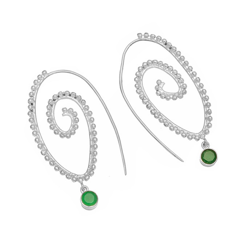 925 Sterling Silver Green Onyx Round Gemstone Gold Plated Designer Hoop Earrings