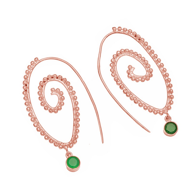 925 Sterling Silver Green Onyx Round Gemstone Gold Plated Designer Hoop Earrings