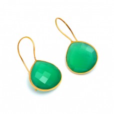 Briolette Heart Shape Green Onyx Gemstone 925 Sterling Silver Gold Plated Earrrings