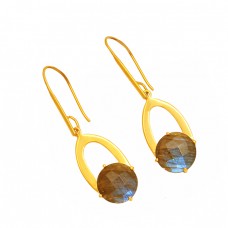 925 Sterling Silver Labradorite Round Shape Gemstone Gold Plated Dangle Earrings