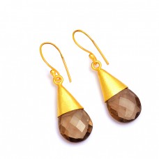 Smoky Quartz Pear Shape Gemstone 925 Sterling Silver Gold Plated Dangle Earrings