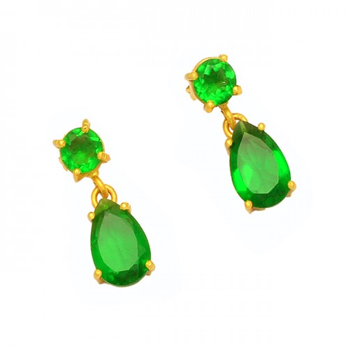 Round Pear Shape Green Quartz Gemstone 925 Sterling Silver Gold Plated Stud Earrings