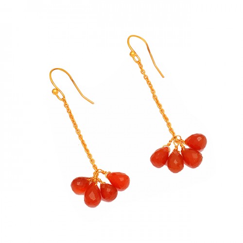 Red Onyx Pear Drops Shape Gemstone 925 Sterling Silver Gold Plated Chain Earrings