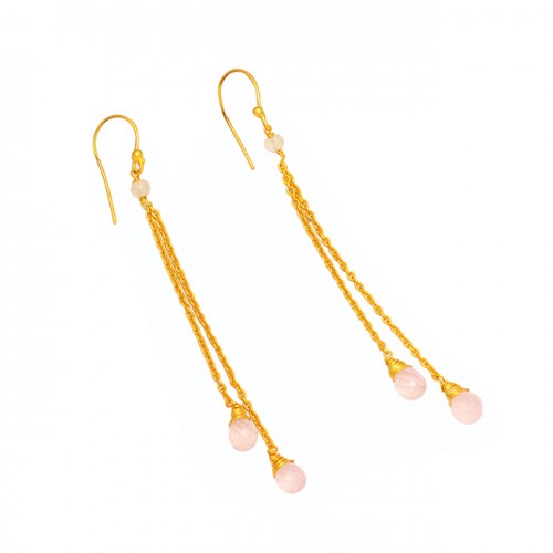 Rose Quartz Moonstone 925 Sterling Silver Gold Plated Hanging Chain Dangle Earrings