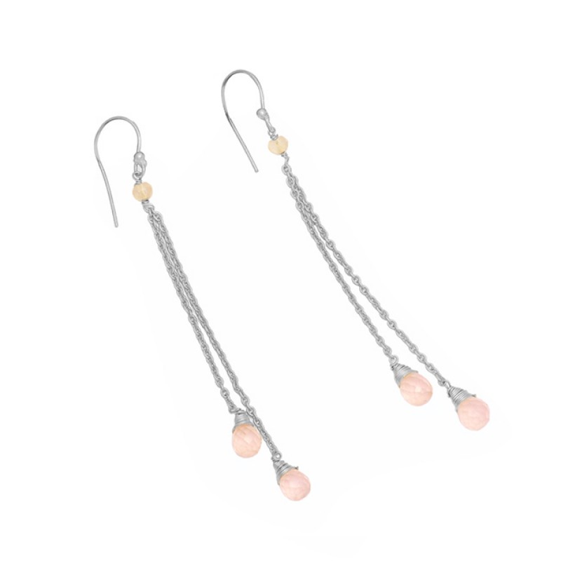 Rose Quartz Moonstone 925 Sterling Silver Gold Plated Hanging Chain Dangle Earrings