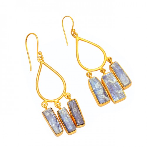 Blue Sapphire Rough Gemstone 925 Sterling Silver Gold Plated Dangle Earrings