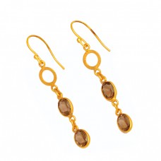 Oval Shape Smoky Quartz Gemstone 925 Sterling Silver Gold Plated Dangle Earrings