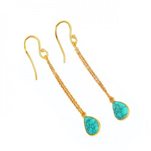 Blue Turquoise Pear Shape Gemstone 925 Sterling Silver Gold Plated Chain Earrings