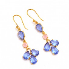 Blue Pink Quartz Pear Shape Gemstone 925 Sterling Silver Gold Plated Dangle Earrings