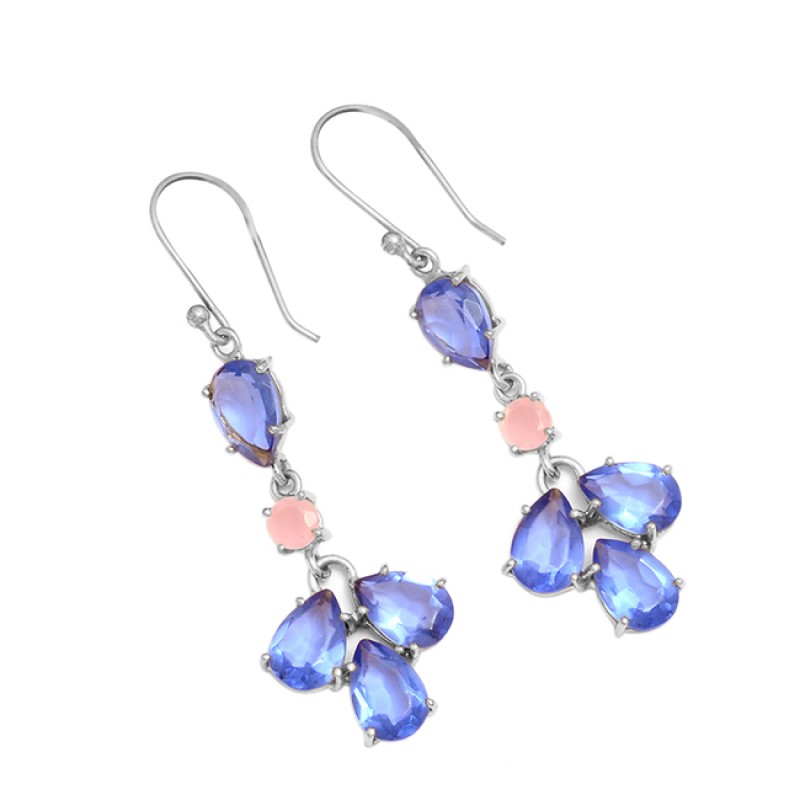 Blue Pink Quartz Pear Shape Gemstone 925 Sterling Silver Gold Plated Dangle Earrings