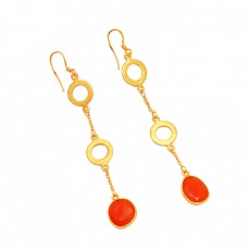 Carnelian Oval Shape Gemstone 925 Sterling Silver Gold Plated Designer Dangle Earrings