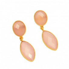 Pink Chalcedony Gemstone 925 Sterling Silver Gold Plated Dangle Stud Earrings