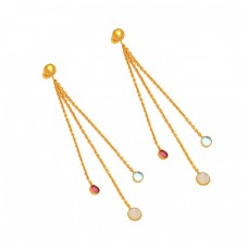 925 Sterling Silver Chain Hanging Round Shape Gemstone Gold Plated Dangle Stud Earrings