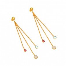 925 Sterling Silver Chain Hanging Round Shape Gemstone Gold Plated Dangle Stud Earrings