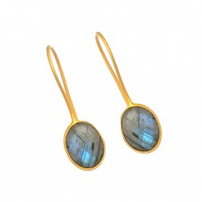 Oval Shape Labradorite Gemstone 925 Sterling Silver Gold Plated Earrings