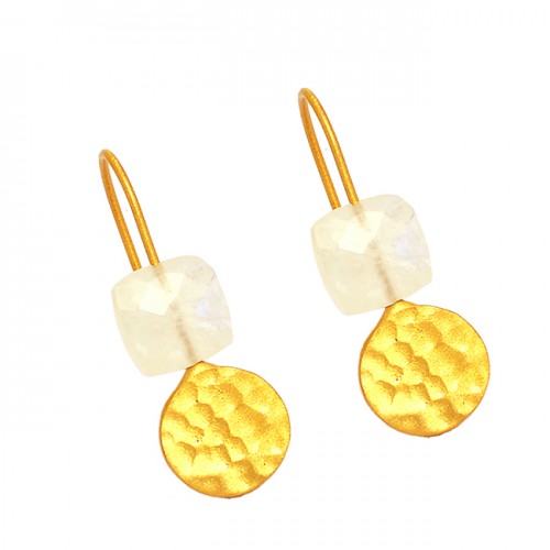 Cushion Shape Moonstone 925 Sterling Silver Hammered Designer Gold Plated Earrings