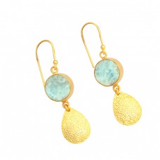 Blue Larimar Round Shape Gemstone 925 Sterling Silver Gold Plated Dangle Earrings