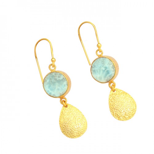 Blue Larimar Round Shape Gemstone 925 Sterling Silver Gold Plated Dangle Earrings