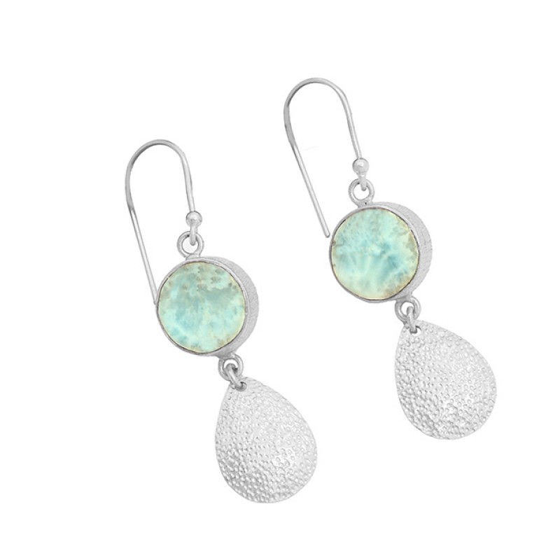 Blue Larimar Round Shape Gemstone 925 Sterling Silver Gold Plated Dangle Earrings