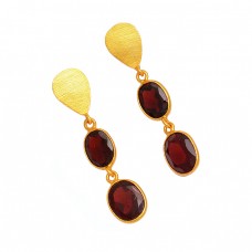 Red Garnet Oval Shape Gemstone 925 Sterling Silver Gold Plated Dangle Stud Earrings