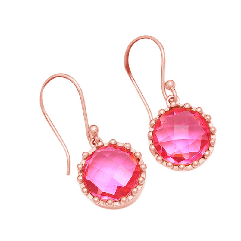 Round Shape Pink Quartz Gemstone 925 Sterling Silver Gold Plated Dangle Earrings