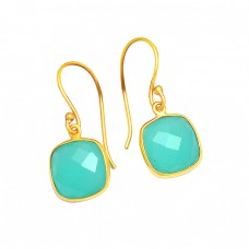 Cushion Shape Aqua Chalcedony Gemstone 925 Sterling Silver Gold Plated Dangle Earrings