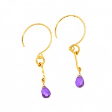 Pear Shape Amethyst Gemstone 925 Sterling Silver Gold Plated Hoop Dangle Earrings