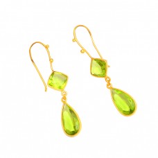 925 Sterling Silver Green Quatrz Gemstone Bezel Setting Gold Plated Dangle Earrings