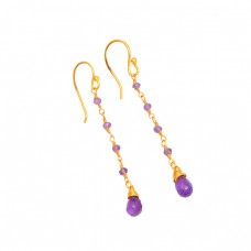 Amethyst Roundel Beads Pear Drops Shape Gemstone 925 Silver Gold Plated Earrings