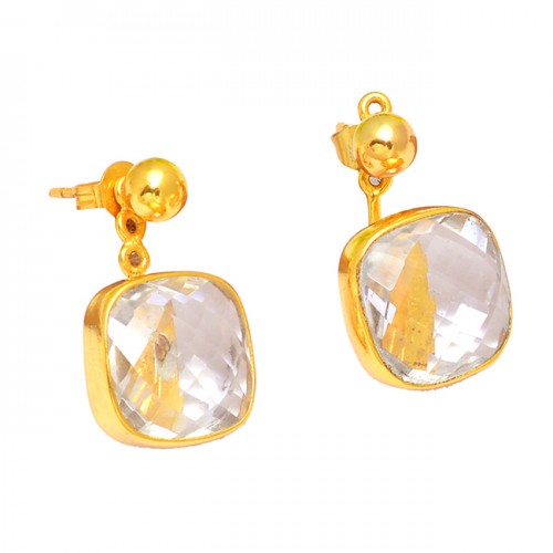 Handcrafted Designer Crystal Quartz Gemstone 925 Sterling Silver Gold Plated Stud Earrings