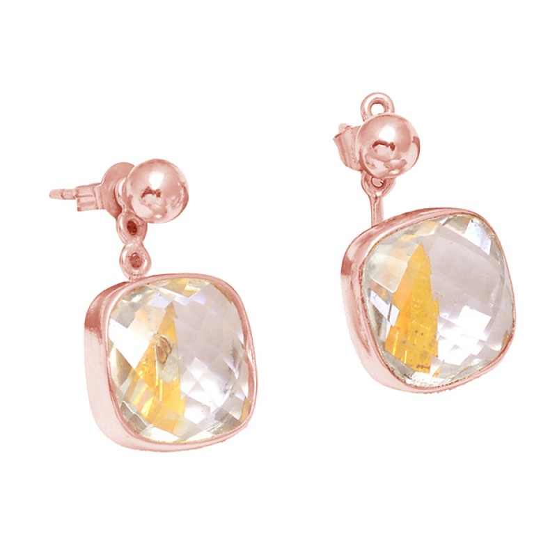 Handcrafted Designer Crystal Quartz Gemstone 925 Sterling Silver Gold Plated Stud Earrings