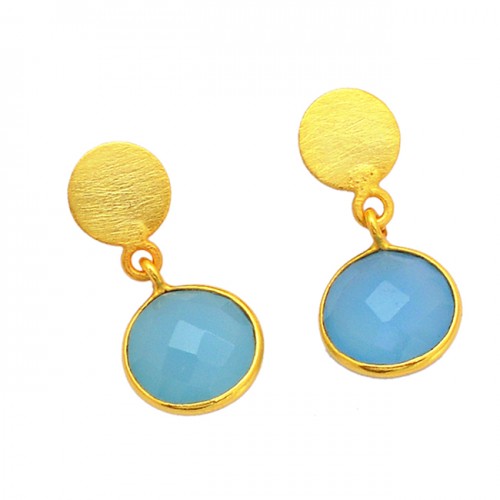 Round Shape Chalcedony Gemstone 925 Sterling Silver Gold Plated Dangle Stud Earrings