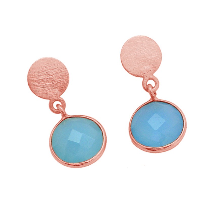 Round Shape Chalcedony Gemstone 925 Sterling Silver Gold Plated Dangle Stud Earrings