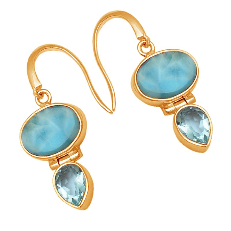 Blue Larimar Blue Topaz Gemstone 925 Sterling Silver Dangle Earrings