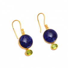 Sodalite Peridot Gemstone 925 Sterling Silver Gold Plated Dangle Handmade Earrings