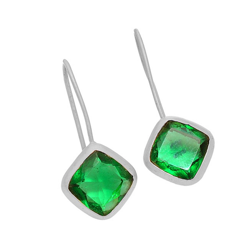 Cushion Shape Green Quartz Gemstone 925 Sterling Silver Fixed Ear Wire Earrings