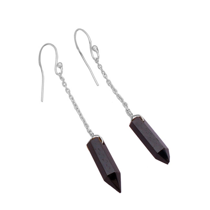 Black Onyx Pencil Shape Gemstone 925 Sterling Silver Gold Plated Chain Earrings