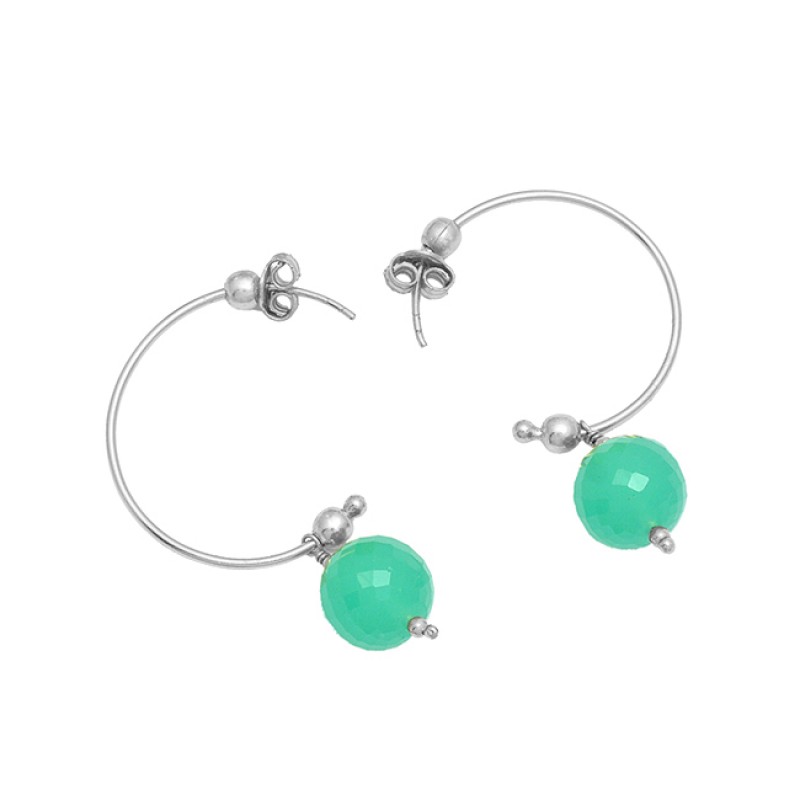 Round Balls Shape Chalcedony Gemstone 925 Sterling Silver Gold Plated Hoop Earrings