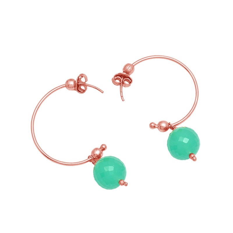 Round Balls Shape Chalcedony Gemstone 925 Sterling Silver Gold Plated Hoop Earrings