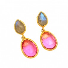 Labradorite Pink Quartz Gemstone 925 Sterling Silver Gold Plated Stud Dangle Earrings