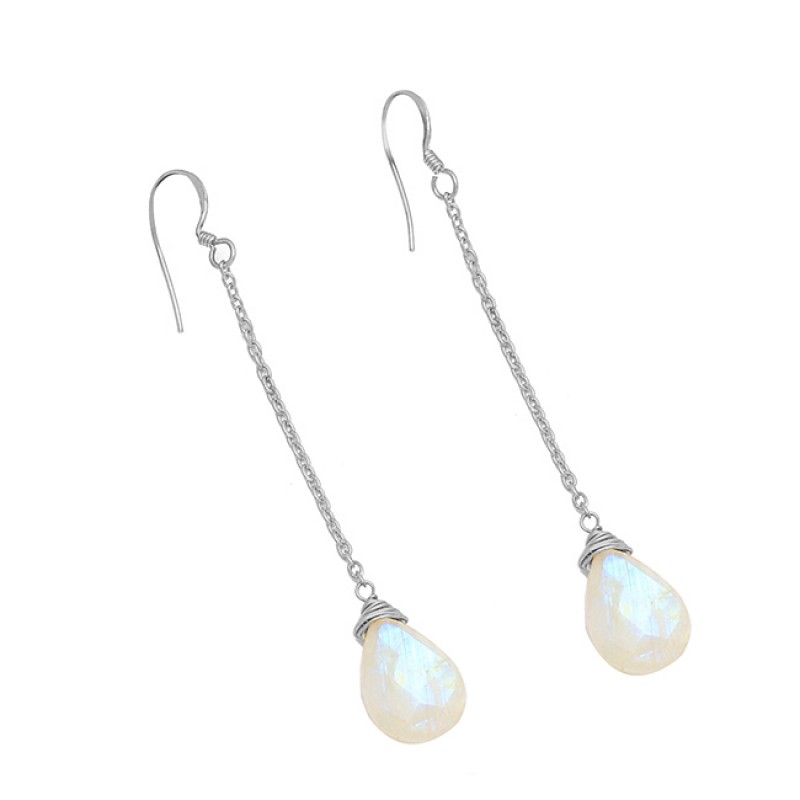 Pear Shape Rainbow Moonstone 925 Sterling Silver Gold Plated Chain Dangle Earrings