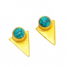 925 Sterling Silver Round Shape Turquoise Gemstone Gold Plated Stud Earrings