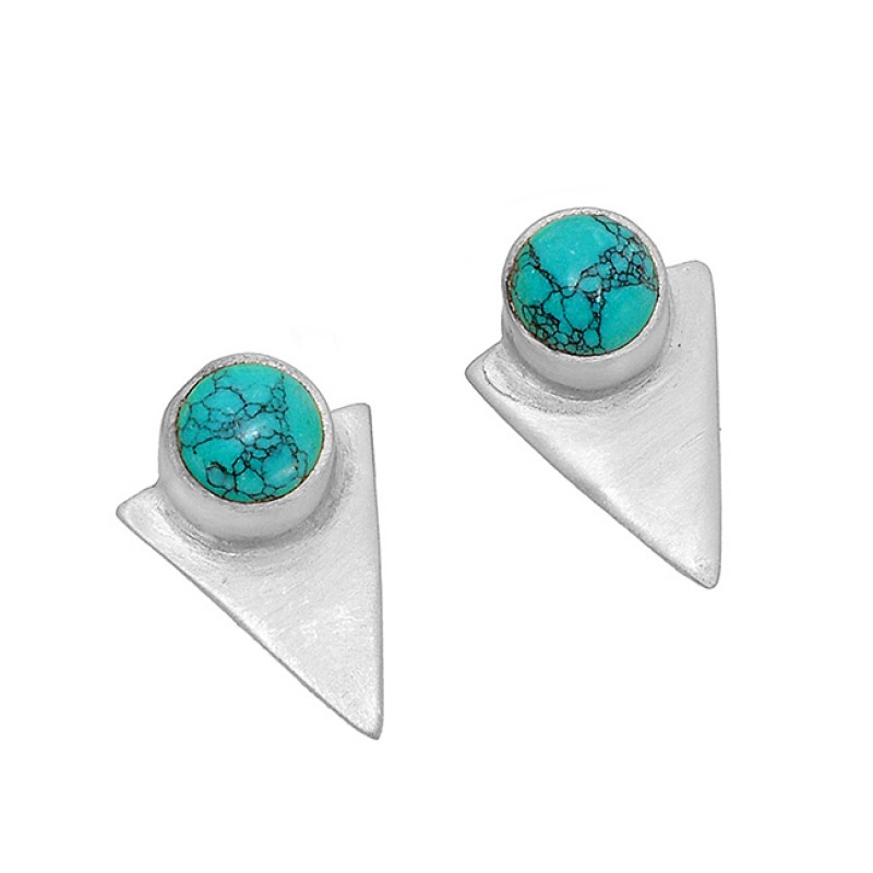 925 Sterling Silver Round Shape Turquoise Gemstone Gold Plated Stud Earrings
