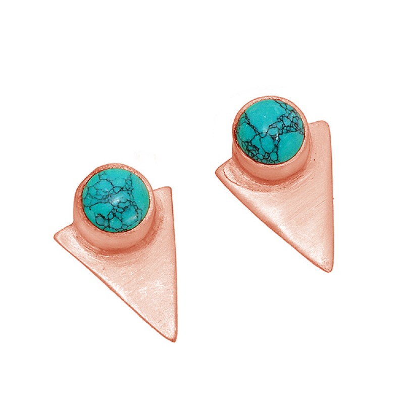 925 Sterling Silver Round Shape Turquoise Gemstone Gold Plated Stud Earrings