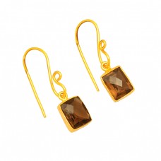 Smoky Quartz Cushion Shape Gemstone 925 Sterling Silver Gold Plated Dangle Earrings