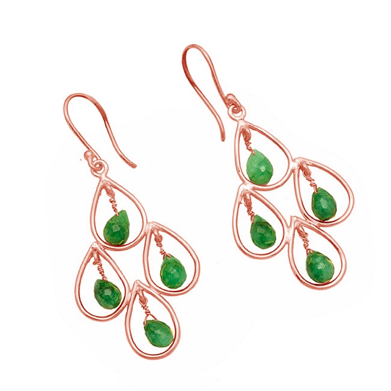 925 Sterling Silver Emerald Pear Drops Gemstone Gold Plated Dangle Earrings