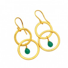 925 Sterling Silver Green Onyx Pear Drops Gemstone Gold Plated Dangle Earrings