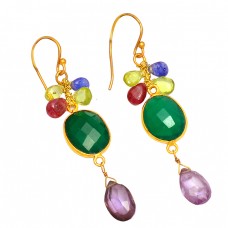 925 Sterling Silver Multi Color Gemstone Designer Gold Plated Dangle Earrings
