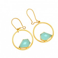 Fancy Aqua Chalcedony Gemstone 925 Sterling Silver Gold Plated Hoop Earrings